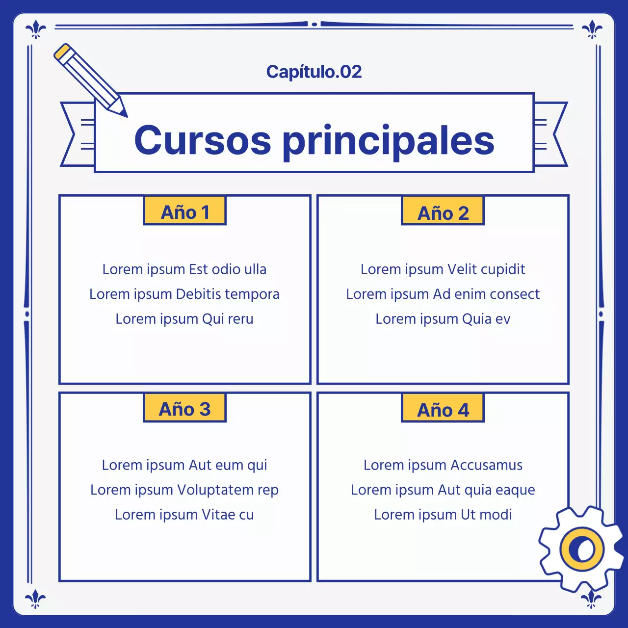 Folletos universitarios en amarillo y azul marino