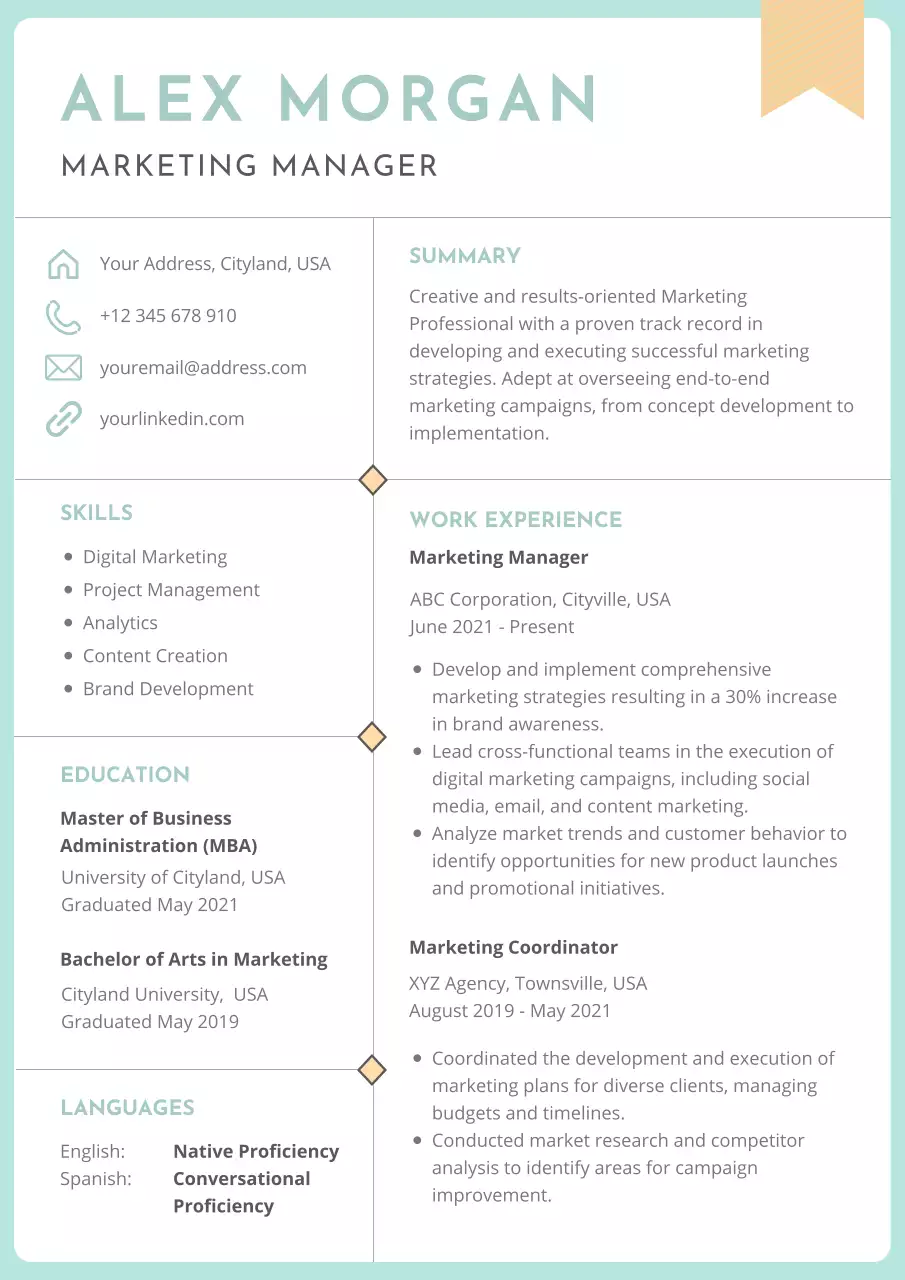 Mint and Beige Charming Marketing Manager Resume