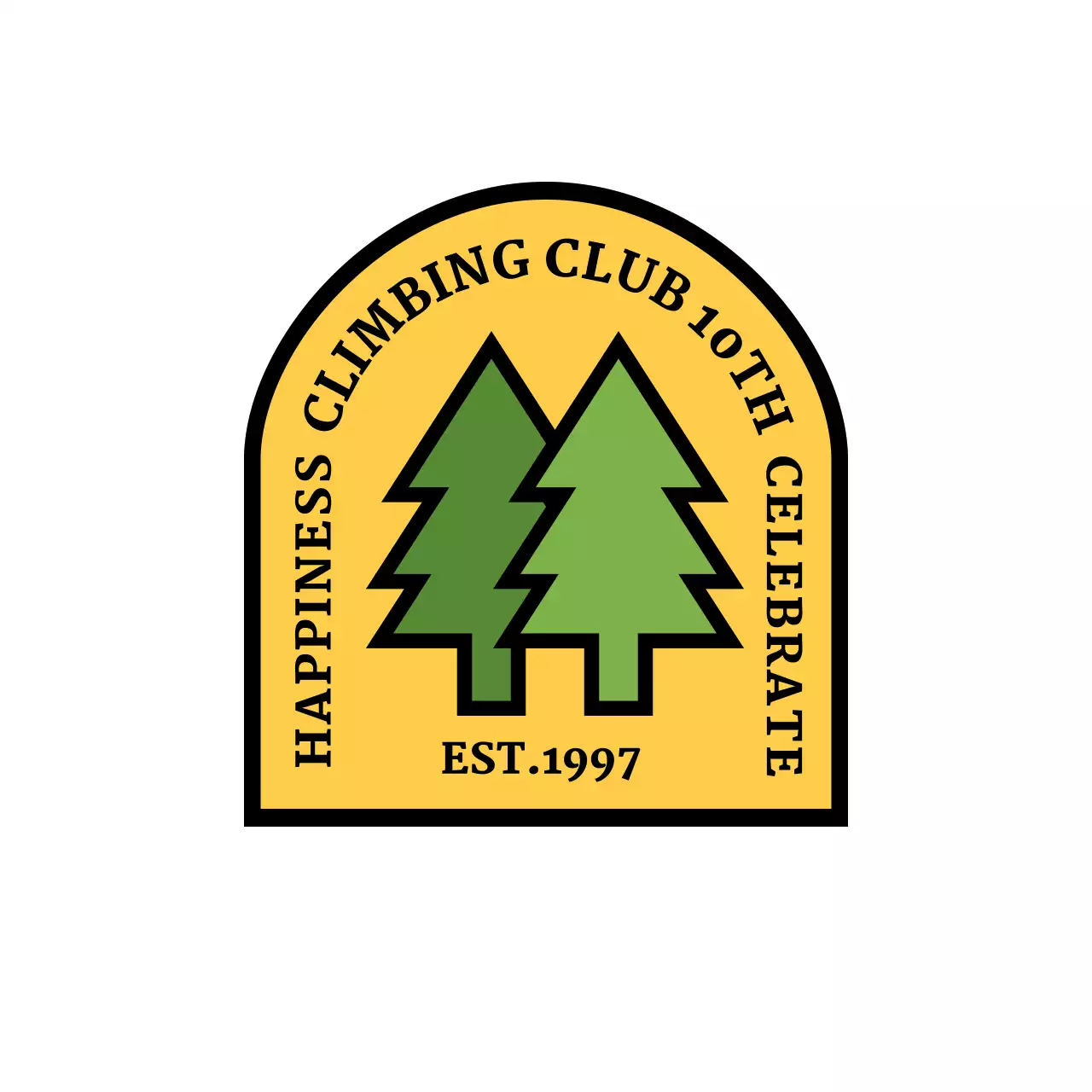 나무 일러스트와 아치형 로고가 있는 심플한 컨셉의 캠핑 클럽