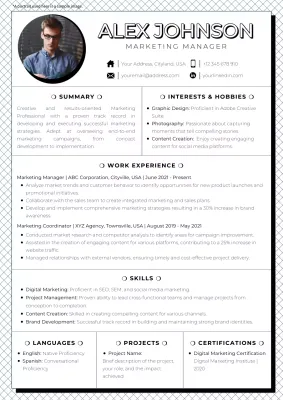 Black and White Trendy Marketing Manager Resume