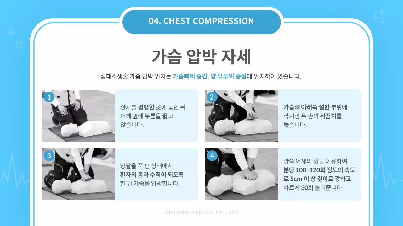 하늘색과 흰색의 기본 심폐소생술 안내서