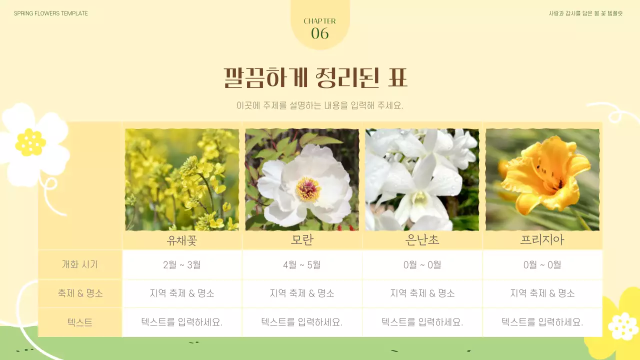 노랑과 초록의 아기자기한 봄 꽃 소개서