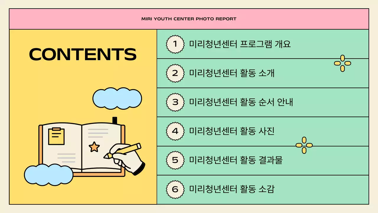 노랑과 민트색의 아기자기한 청년 센터 활동 발표자료