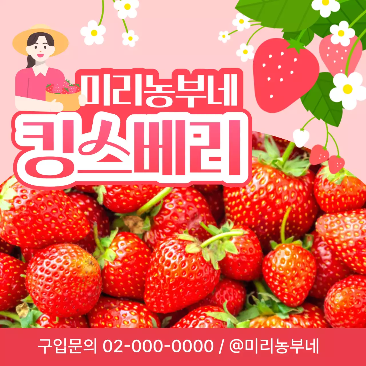 빨강과 핑크색의 아기자기한 딸기 판매 홍보