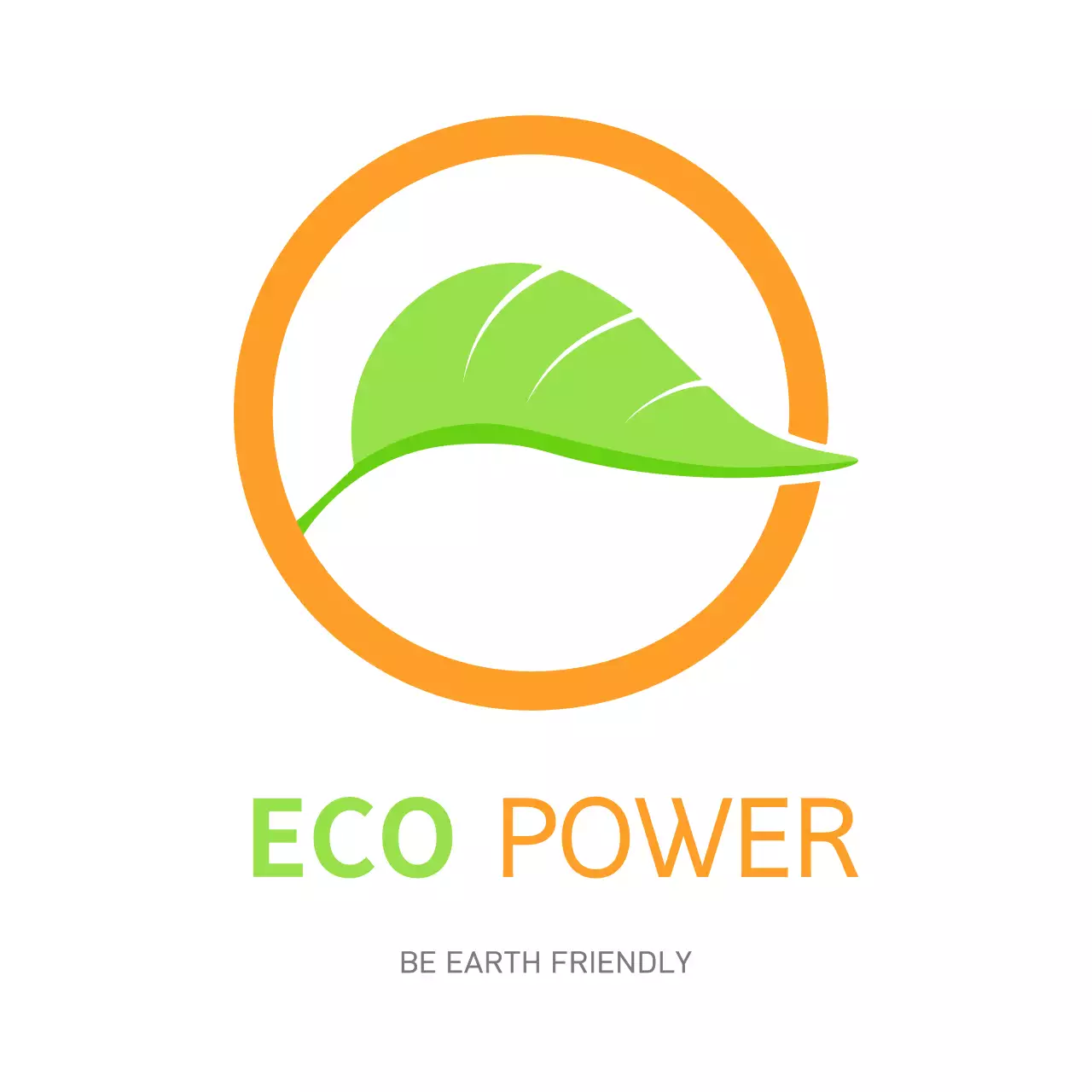 녹색 에너지 자연 에코 파워를 위한 녹색 잎과 주황색 원형 로고 디자인 브랜딩