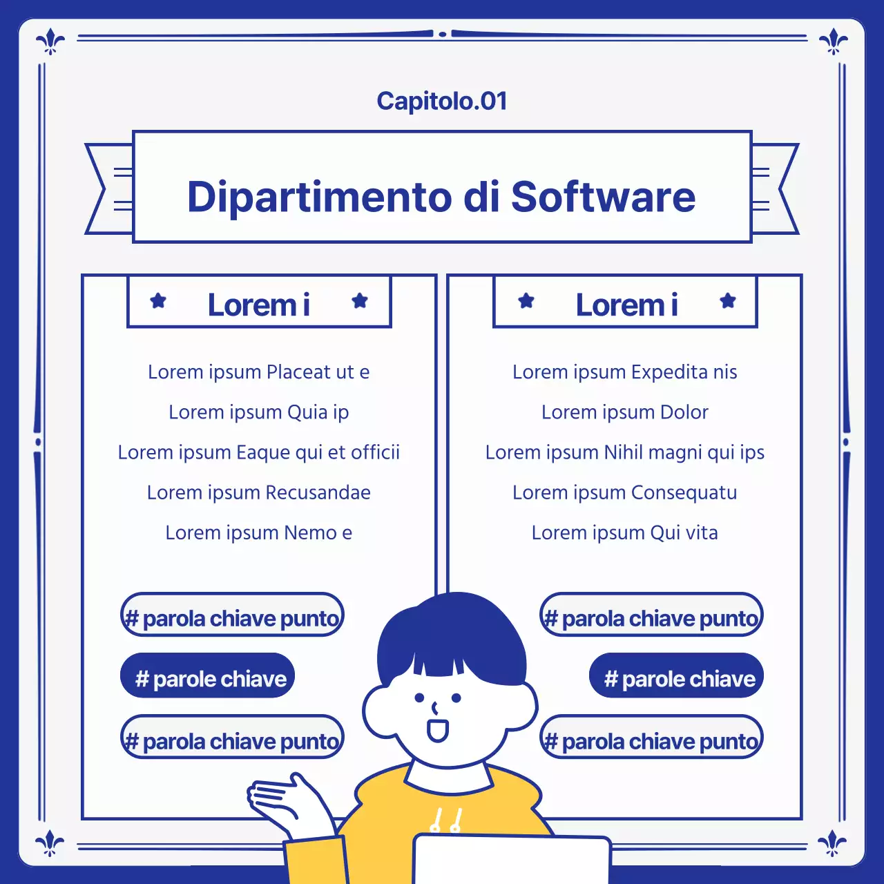 Prospetti universitari kitsch in giallo e blu navy