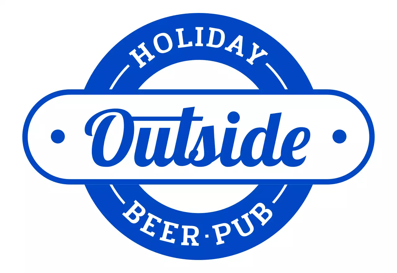 Papan nama etalase brewpub yang terinspirasi dari gaya retro dengan warna biru