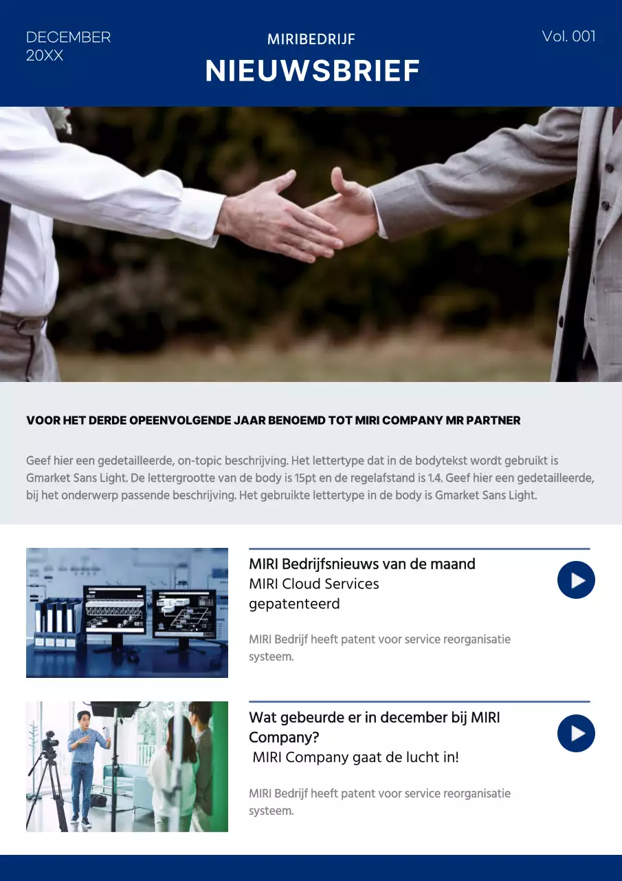 Eenvoudig bedrijfsnieuws in marineblauw en wit