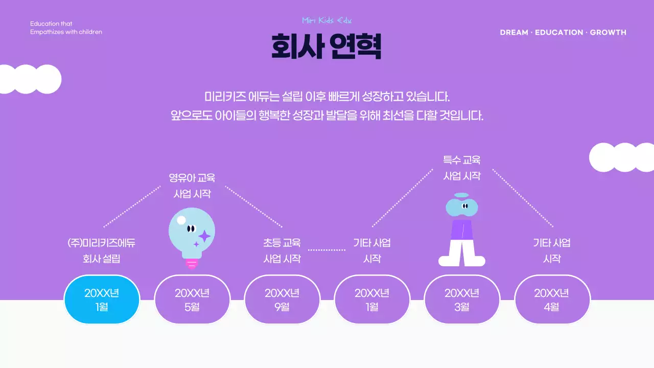 하늘색과 보라색의 아기자기한 유아 교육 회사 소개서