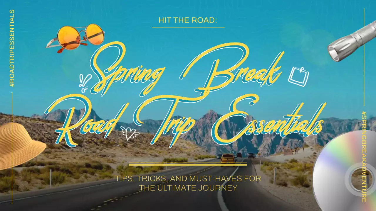 하늘색과 노란색의 레트로 봄방학 로드트립 가이드