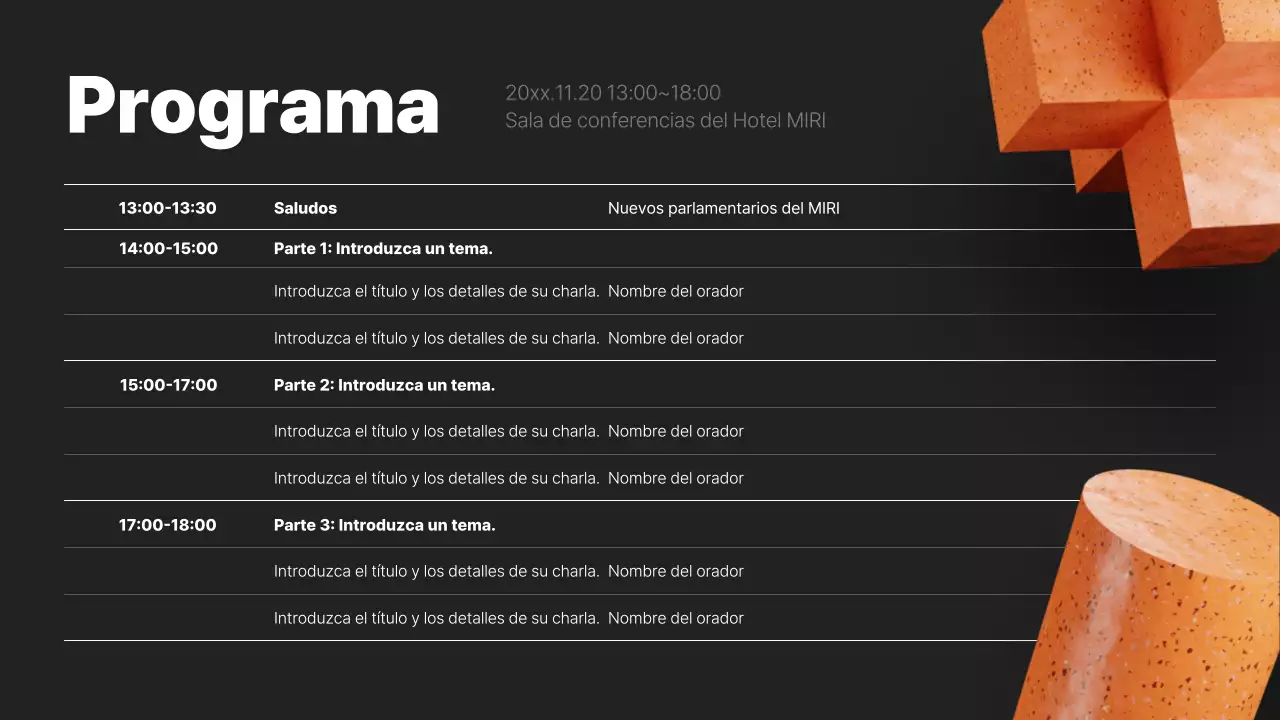 Un moderno prospecto de conferencia en negro y naranja