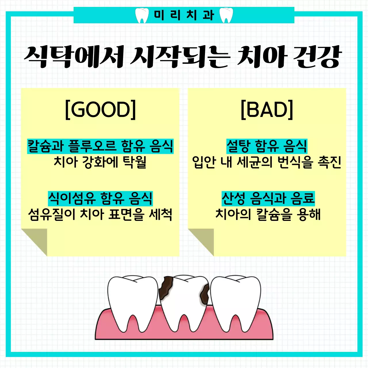 민트색의 심플한 귀여운 일러스트를 사옹한 치아건강