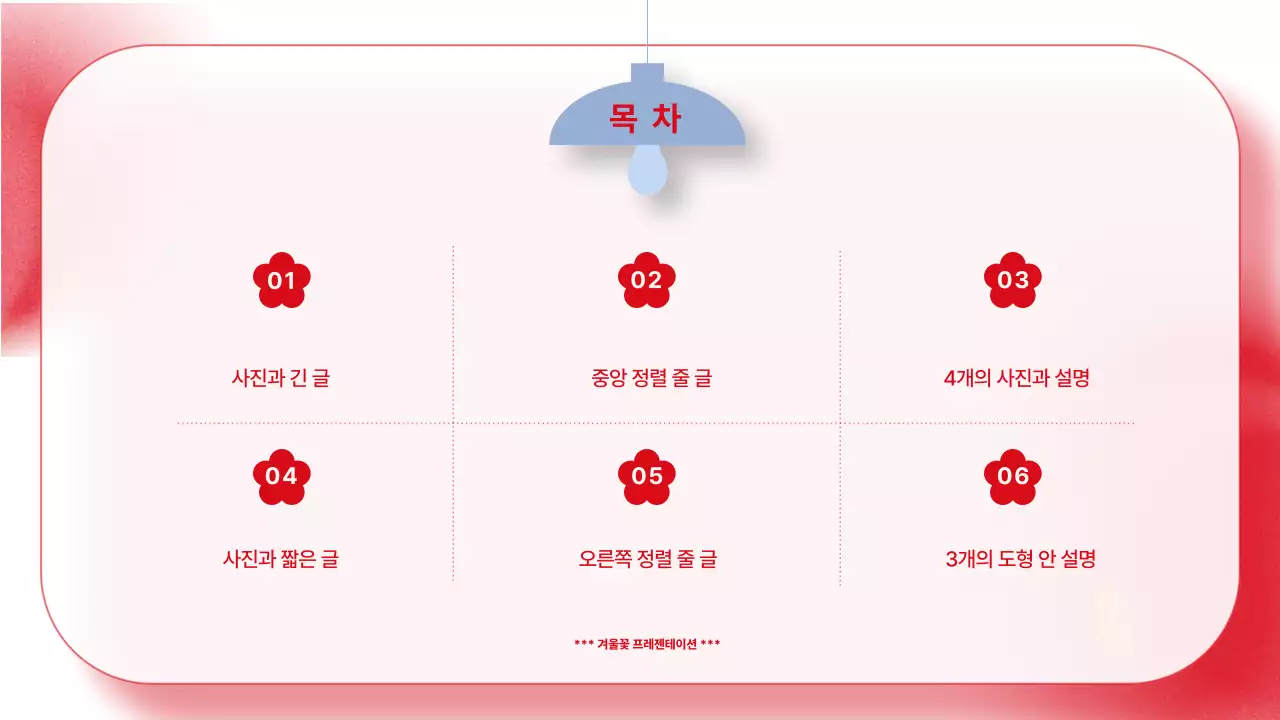 빨강과 하늘색 컬러 배경의 깔끔한 겨울 꽃 기획서