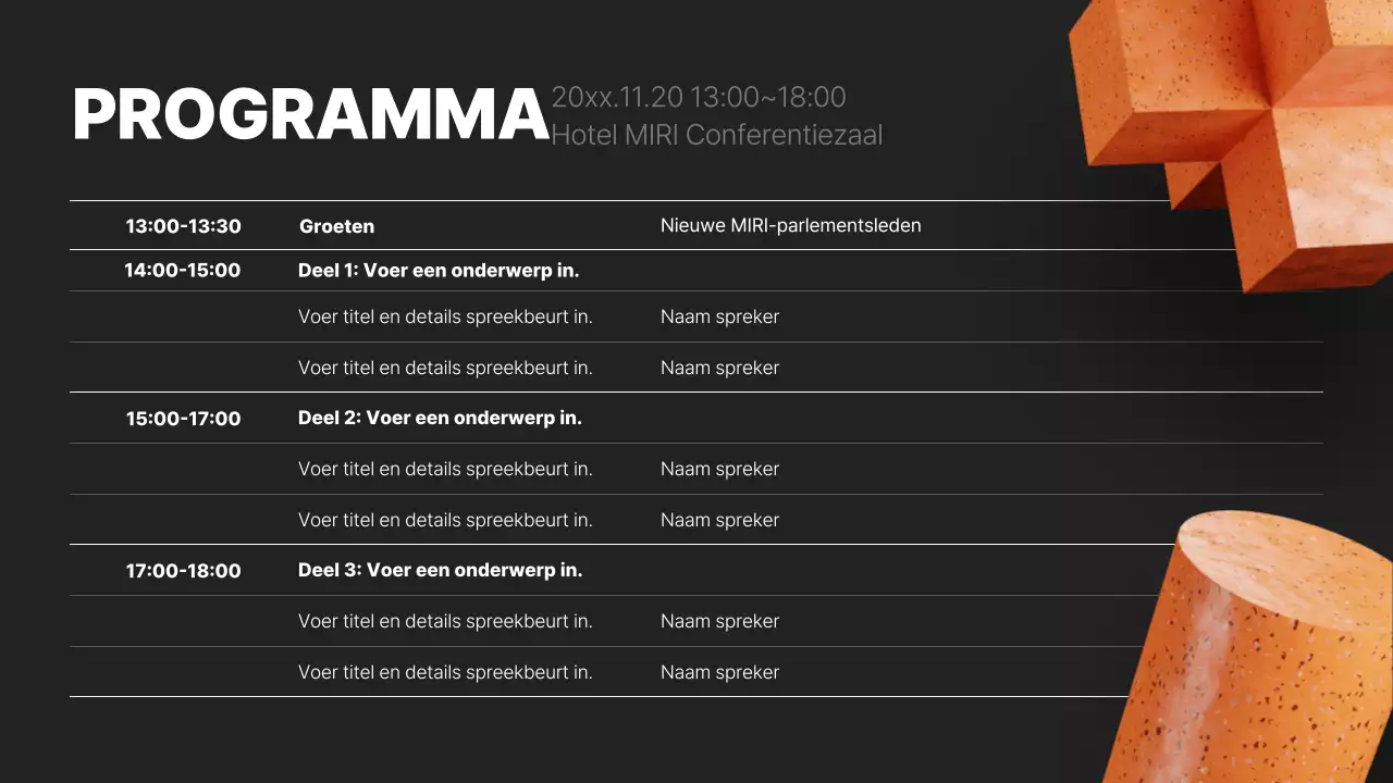 Een moderne conferentieprospectus in zwart en oranje