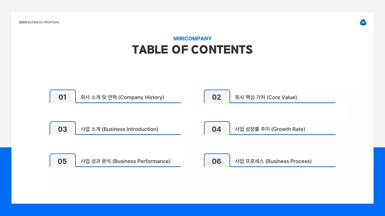 파랑과 흑백의 미니멀한 회사 소개 기획서