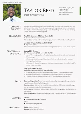 White and Green Simple Sales Representative Resume
