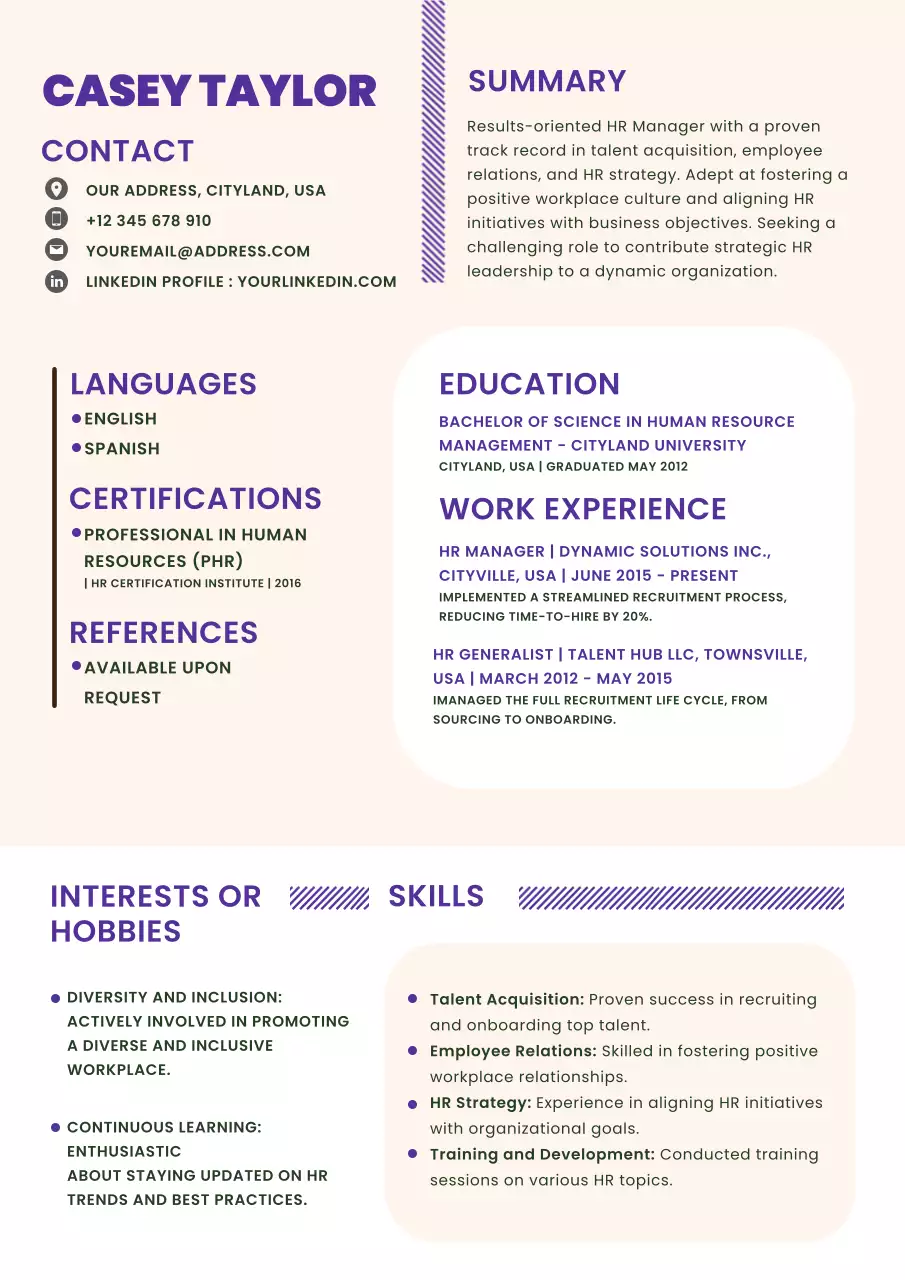 Beige and Purple Trendy Human Resources Resume