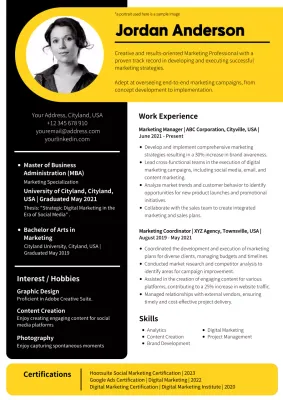 Black and Yellow Modern Marketing Manager Resume