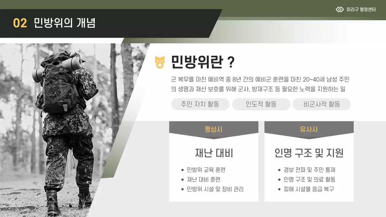 노랑과 카키색의 모던한 민방위 교육자료