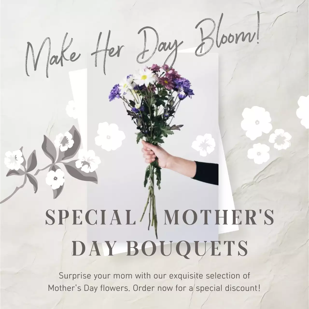 회색과 흰색의 미니멀한 어머니의 날 꽃집 광고