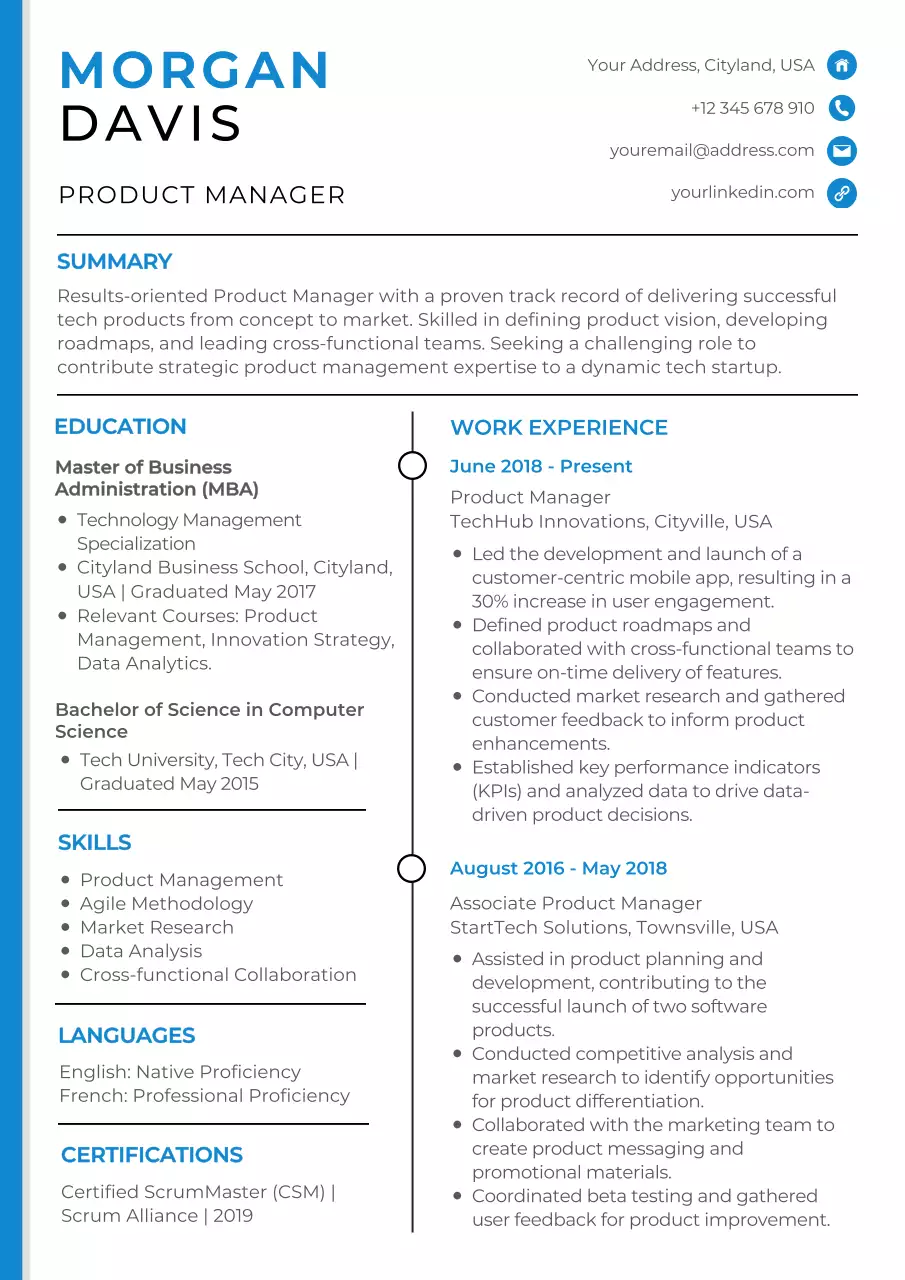 White and Blue Classic Product Manager Resume