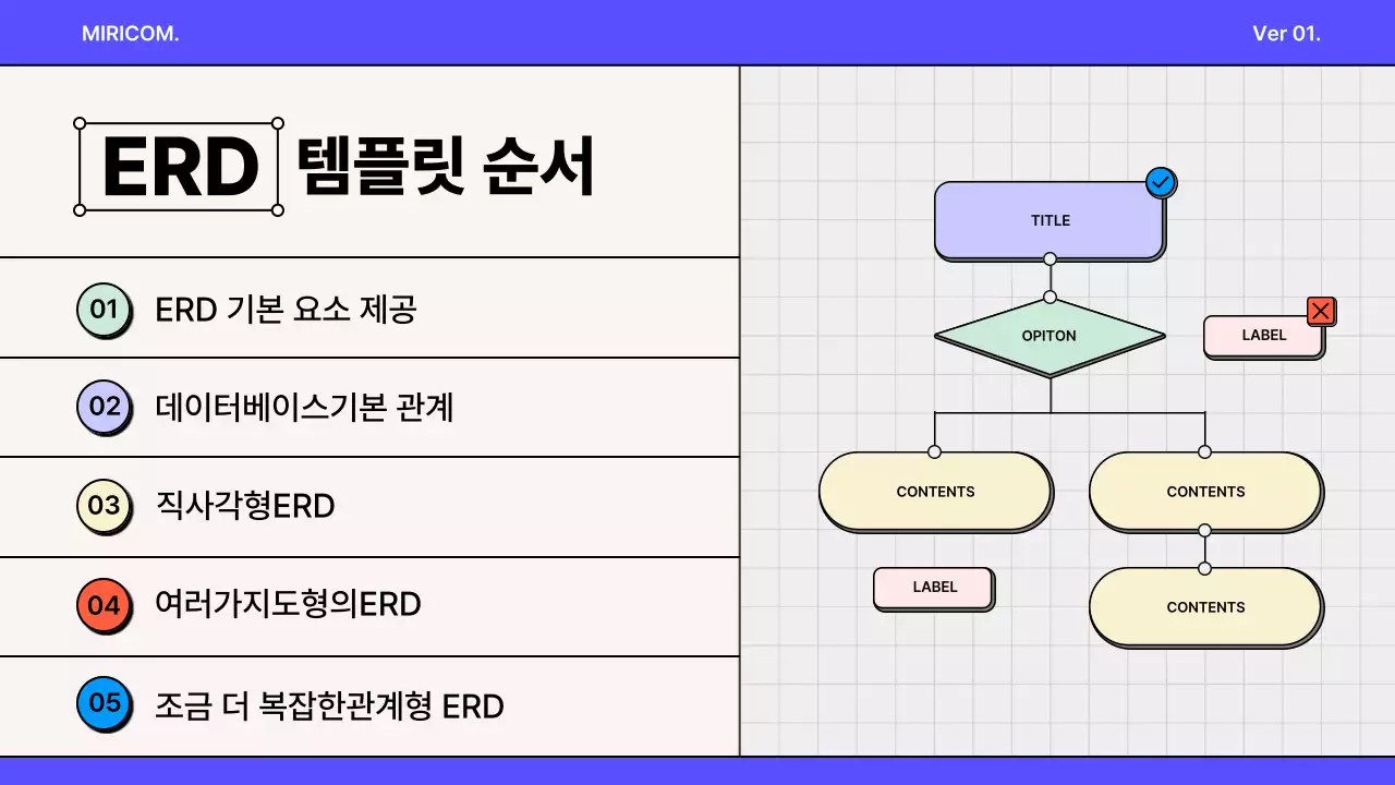 파랑과 보라색의 강조된 개발자 ERD 다이어그램 기획서