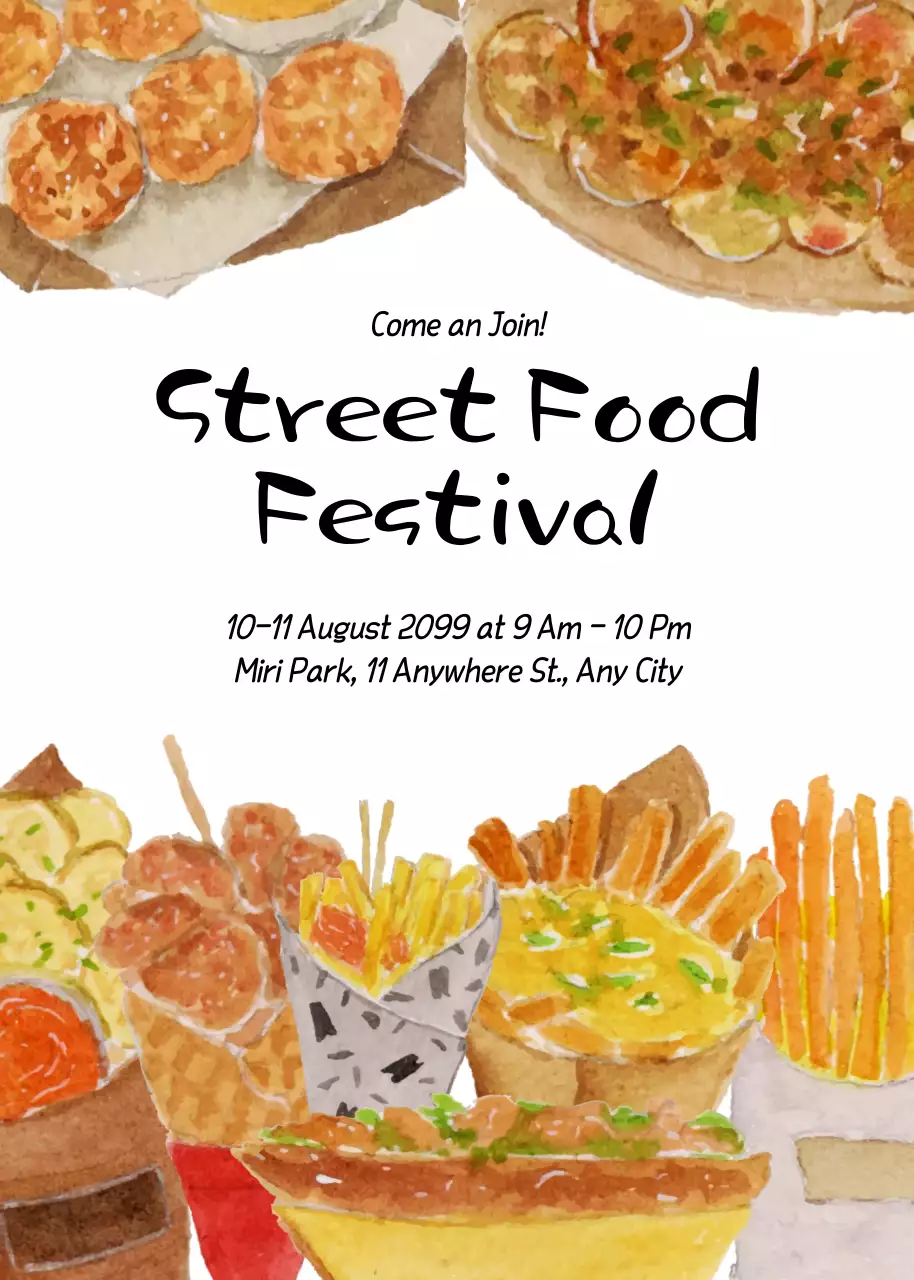 귀여운 수채화 길거리 음식 축제 포스터 이벤트 팝업
