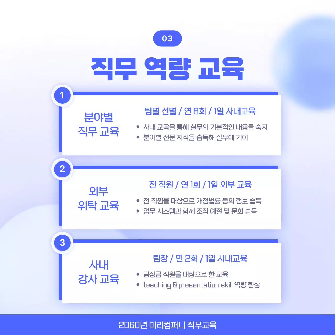 파랑과 흰색의 모던한 직무 교육 프로그램 안내서