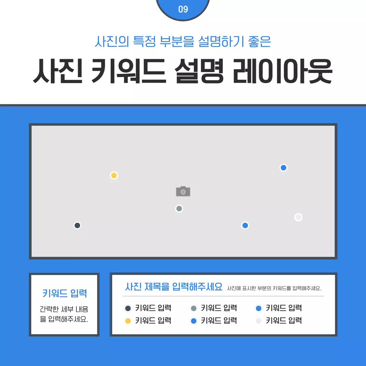 파랑과 흰색의 심플한 사진 레이아웃 회사 정보