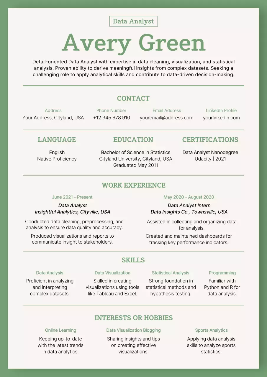 Green and Beige Basic Data Analyst Resume