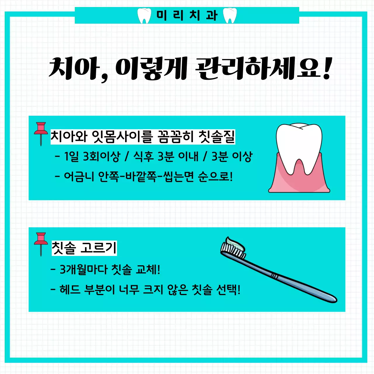 민트색의 심플한 귀여운 일러스트를 사옹한 치아건강
