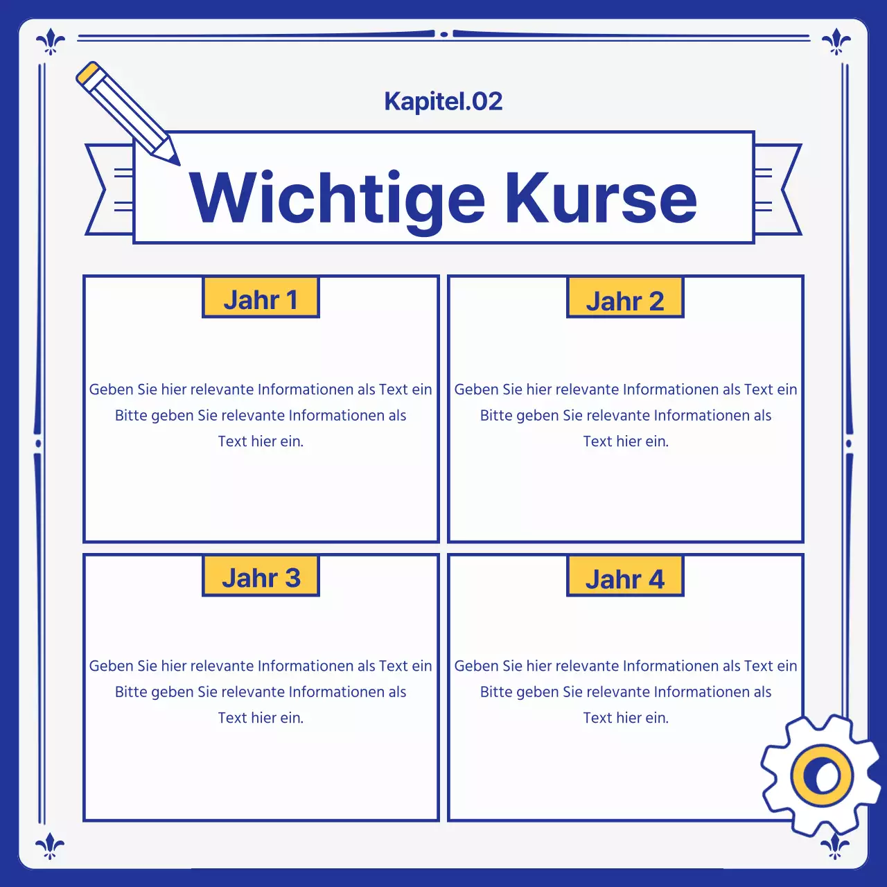 Kitschige gelbe und marineblaue Prospekte von Universitätsabteilungen