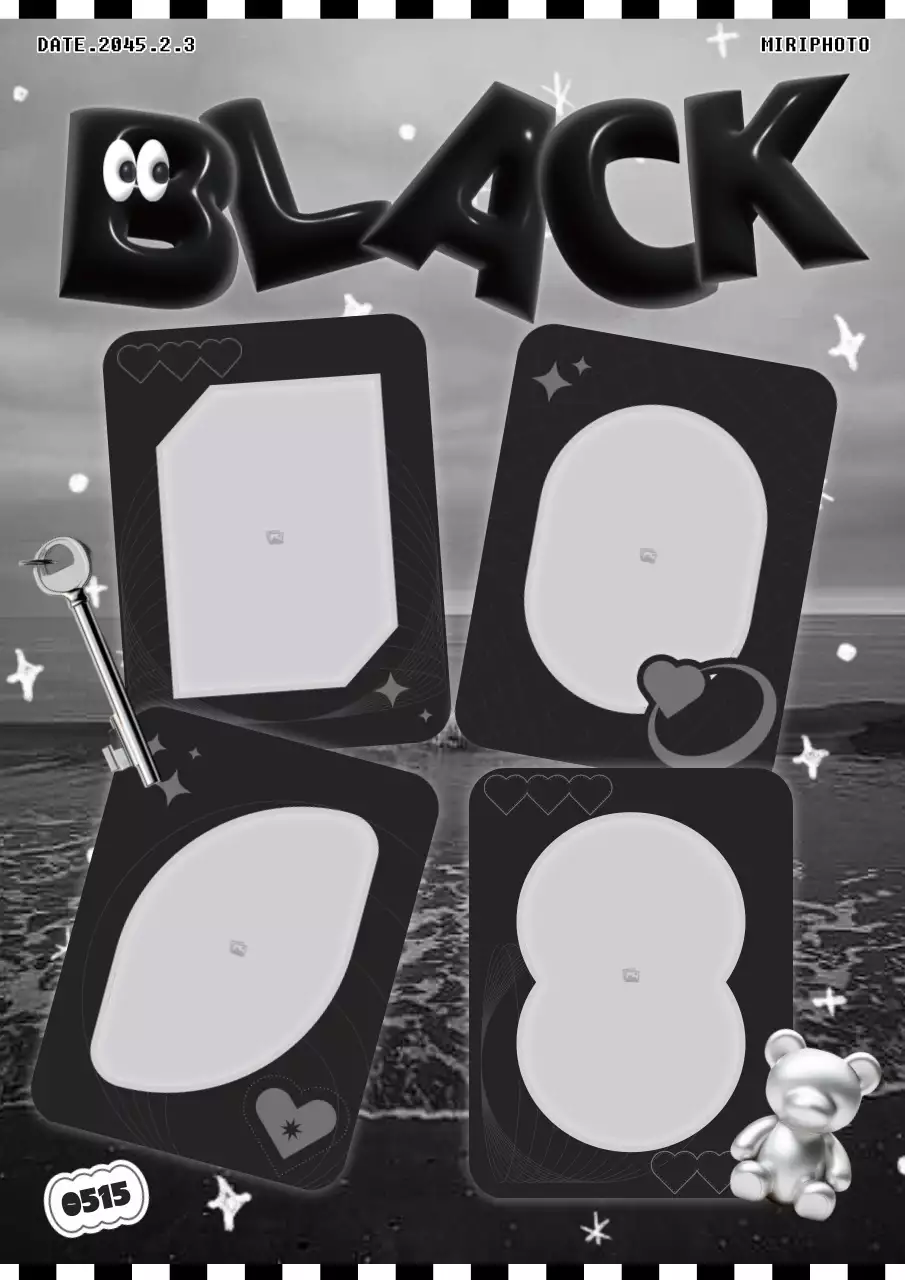 검정과 흰색의 3D의 키치한 소품들이 있는 하이틴 컨셉의 사진 프레임