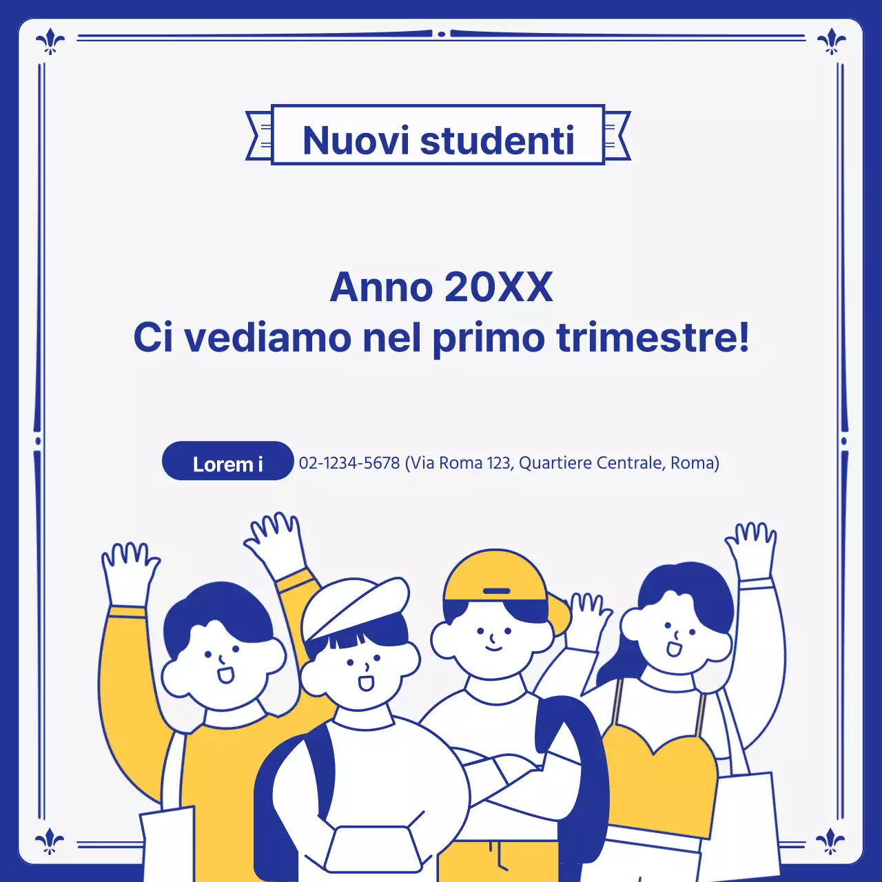 Prospetti universitari kitsch in giallo e blu navy