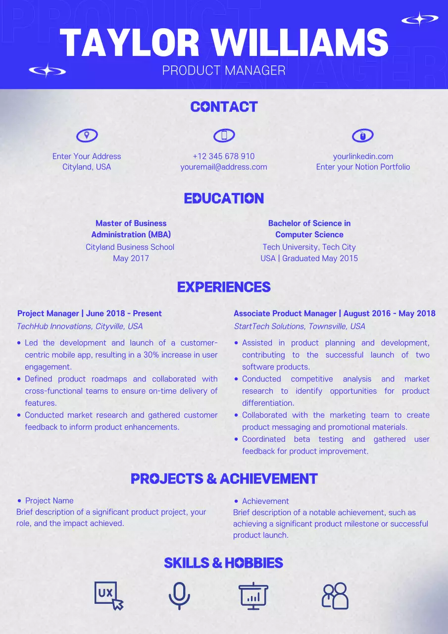 Blue and Grey Trendy Product Manager Resume