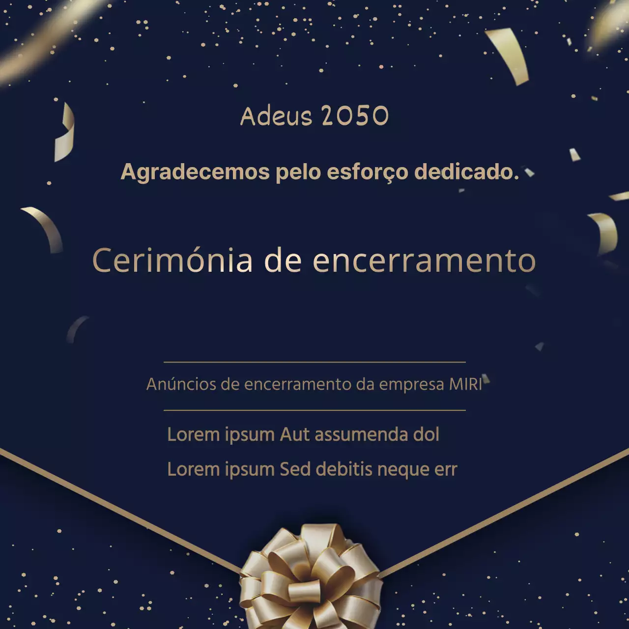 Um anúncio de encerramento de empresa com classe em azul-marinho e dourado