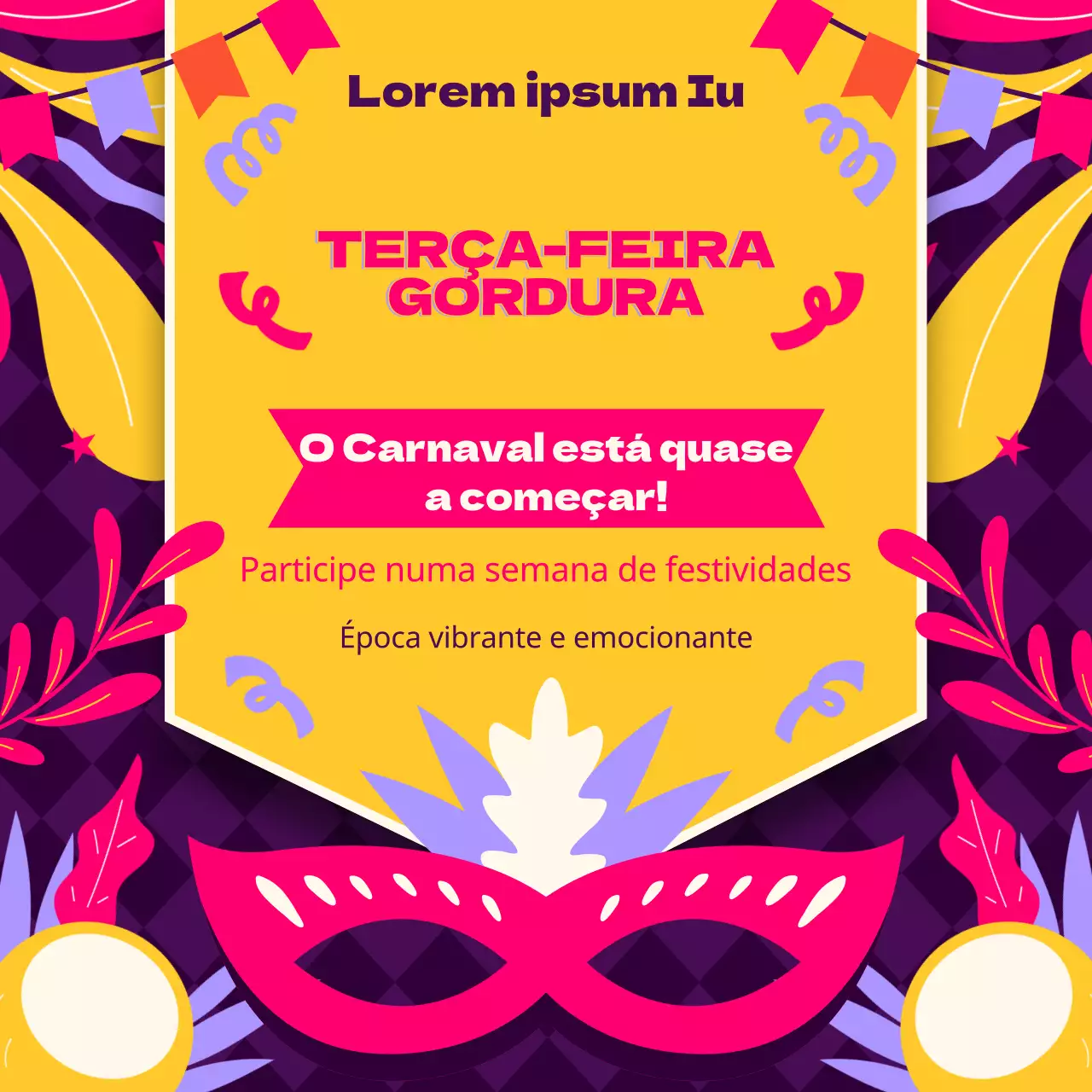 Anúncio de contagem decrescente para o Carnaval em amarelo e cor-de-rosa quente Kitsch