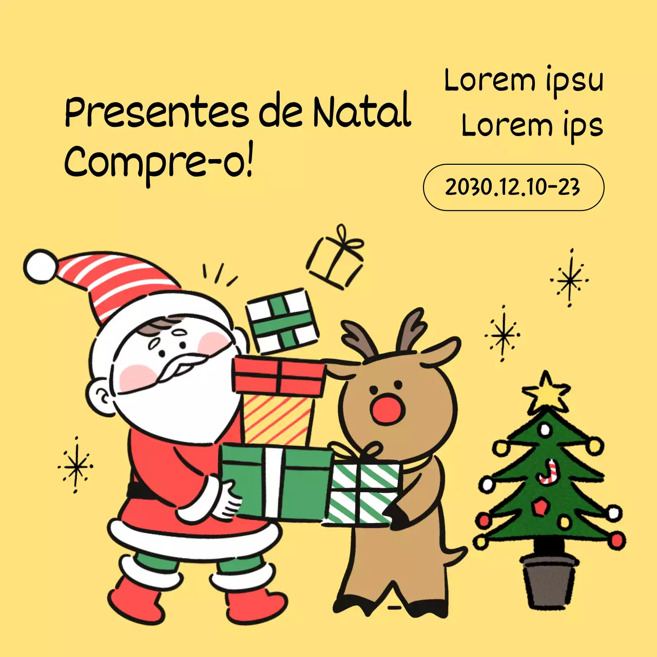 Um anúncio pop-art do evento de oferta de prendas de Natal em amarelo e verde
