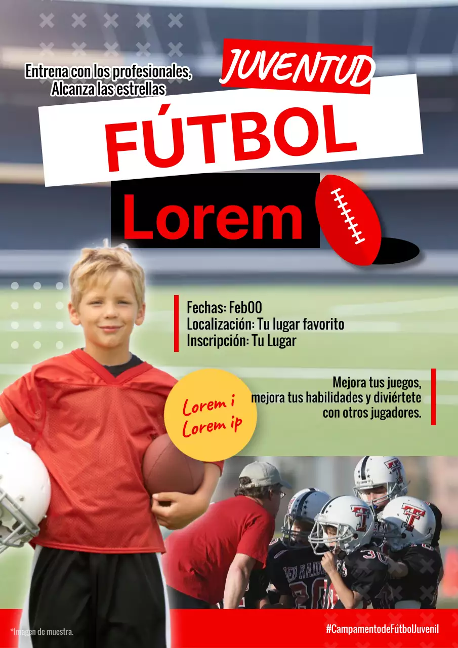 Publicidad del campamento de fútbol rojo y blanco de moda