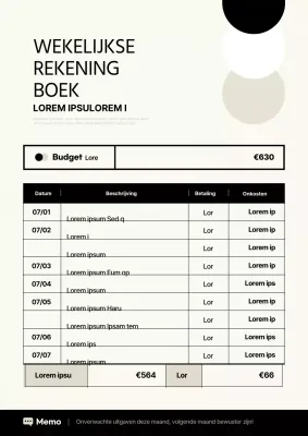 Moderne wekelijkse budgetplanner in ivoor en zwart