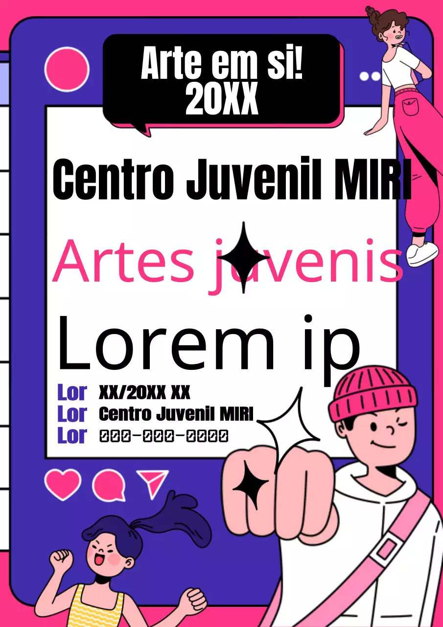 Convite de apresentação para jovens nas redes sociais num fundo cor-de-rosa e roxo