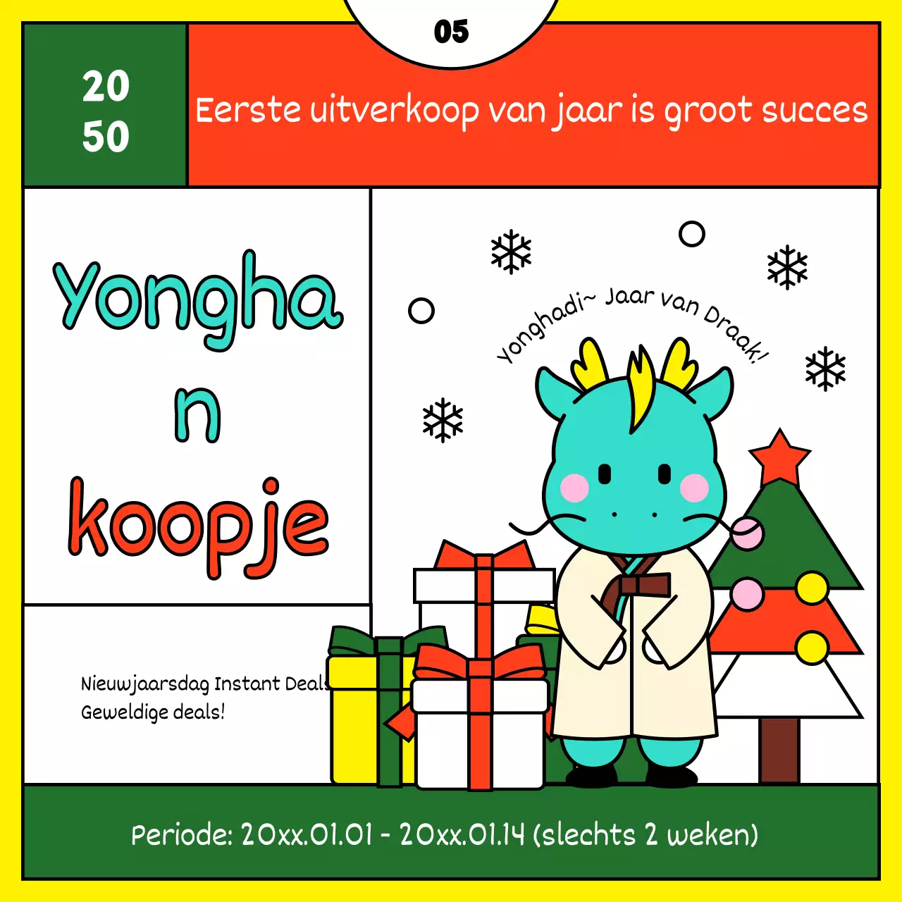 Schattige kerstsjabloonadvertentie in rood en geel