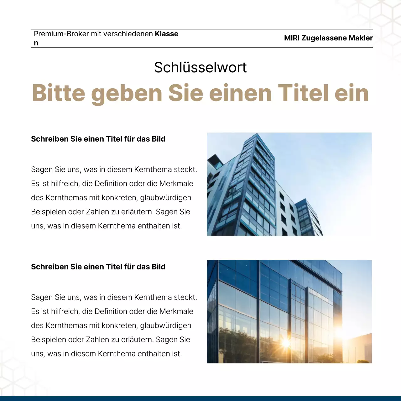 Luxuriöses Immobilienangebot in Marineblau und Gold von einem Immobilienmakler.