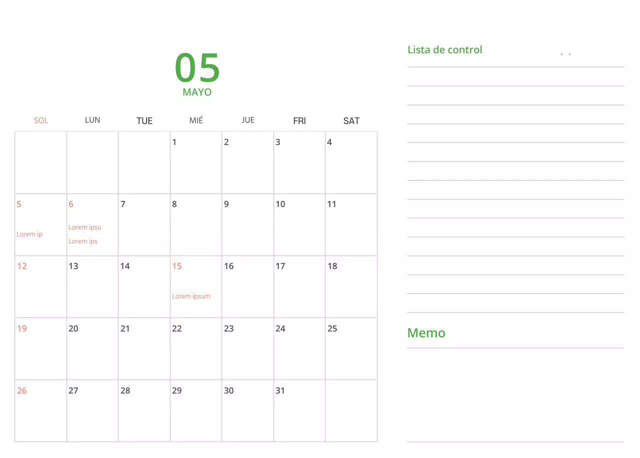 Bonito calendario de sobremesa ilustrado de temática familiar en color verde