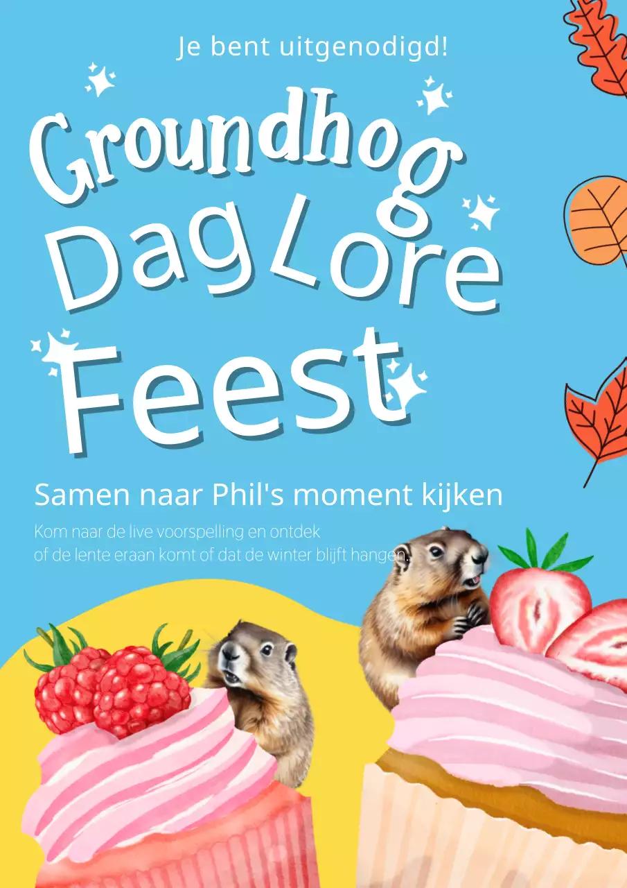 Hemelsblauw en Geel Vintage Groundhog Day Feestuitnodiging