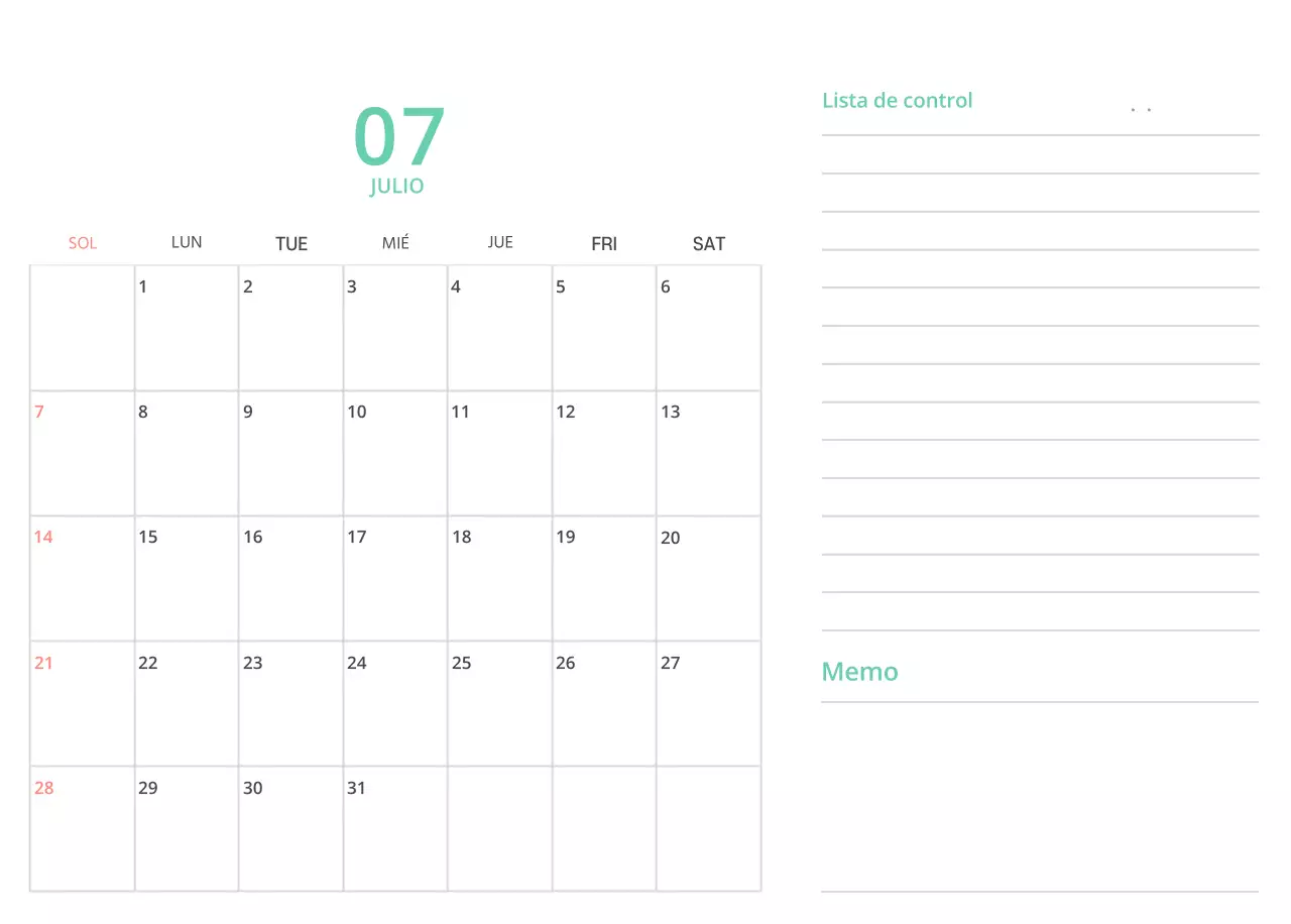 Bonito calendario de sobremesa ilustrado de temática familiar en color verde