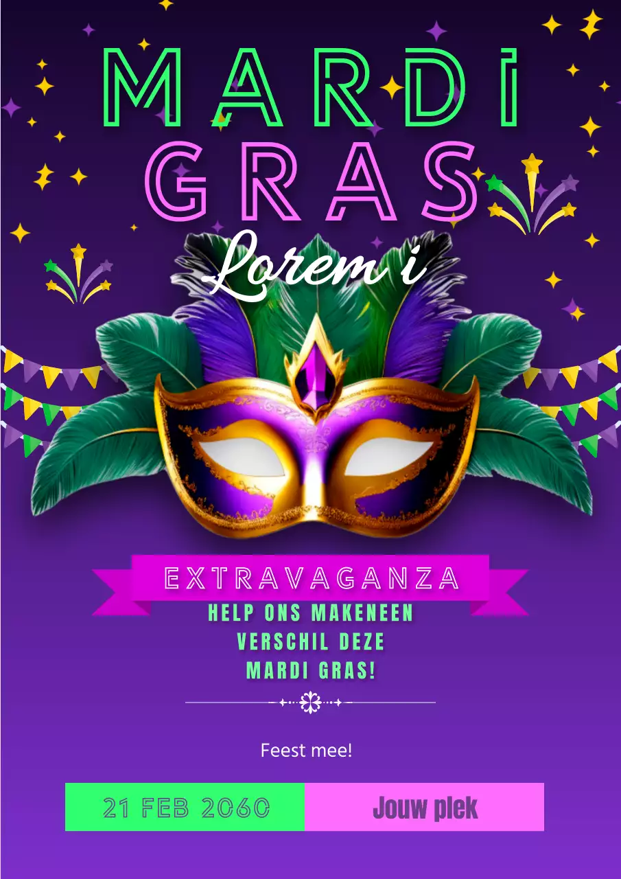 Advertentie voor Neon en Purple Fantasy Mardi Gras Liefdadigheidsevenement