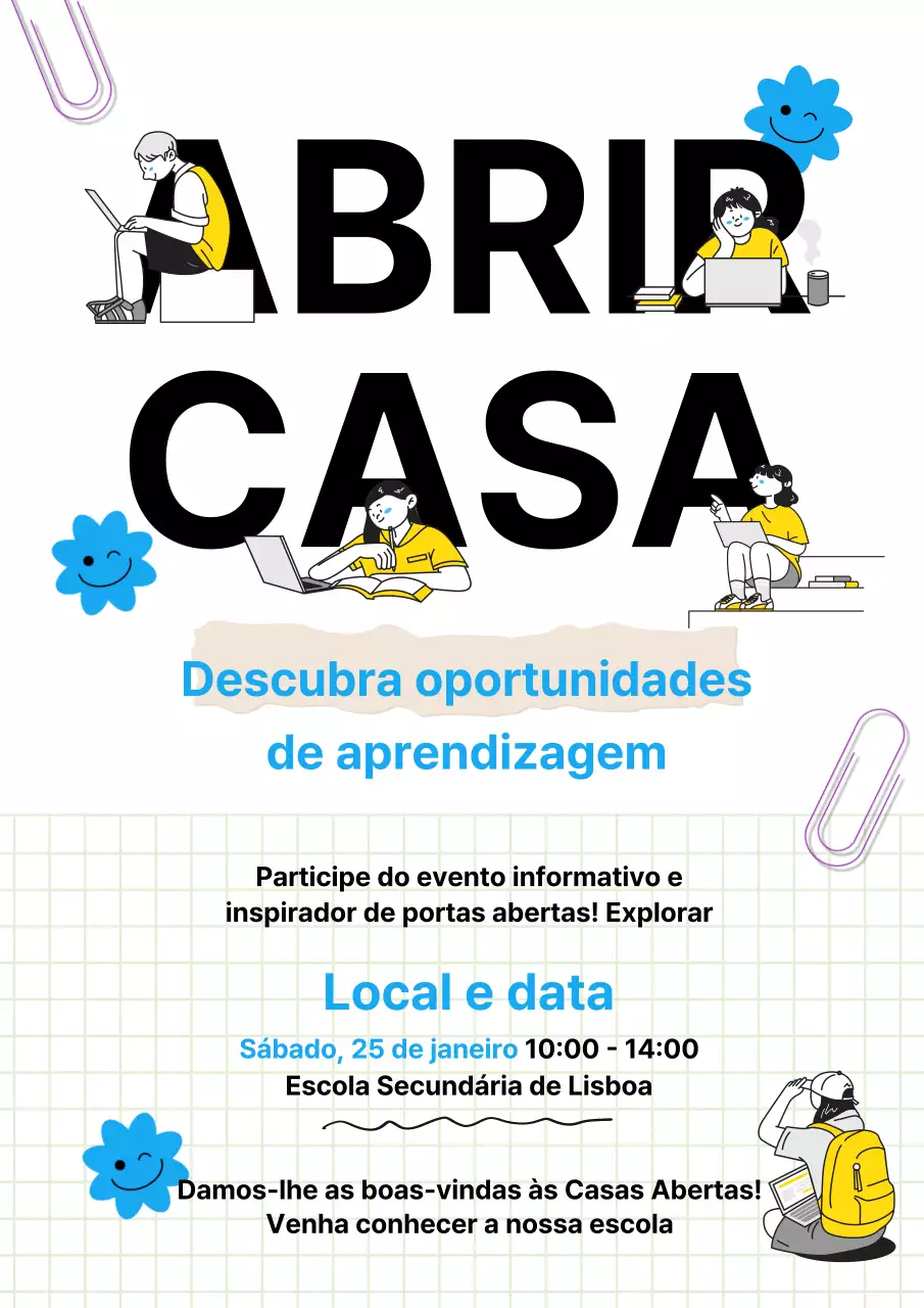 Convite de casa aberta para escola azul e amarela na moda