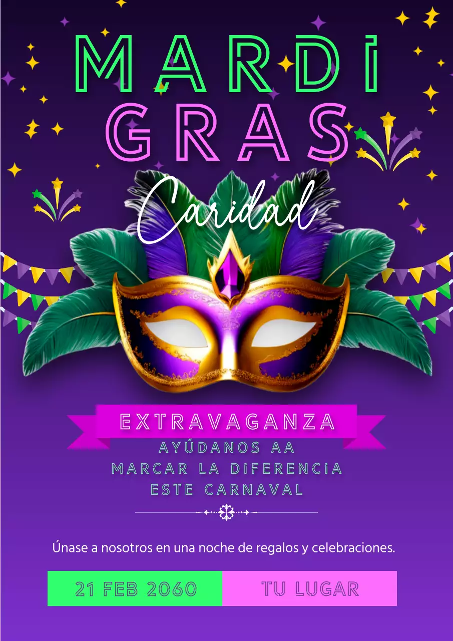 Anuncio del evento benéfico de carnaval Fantasía de neón y púrpura