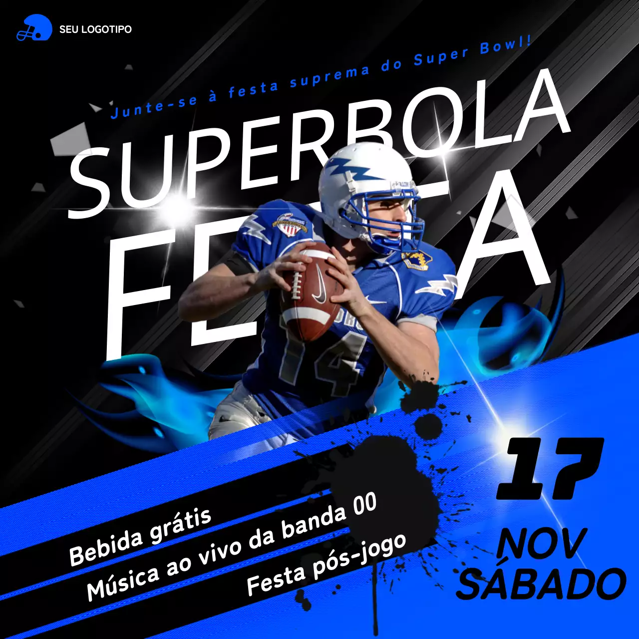 Anúncio geométrico da festa da Super Bowl em azul e preto